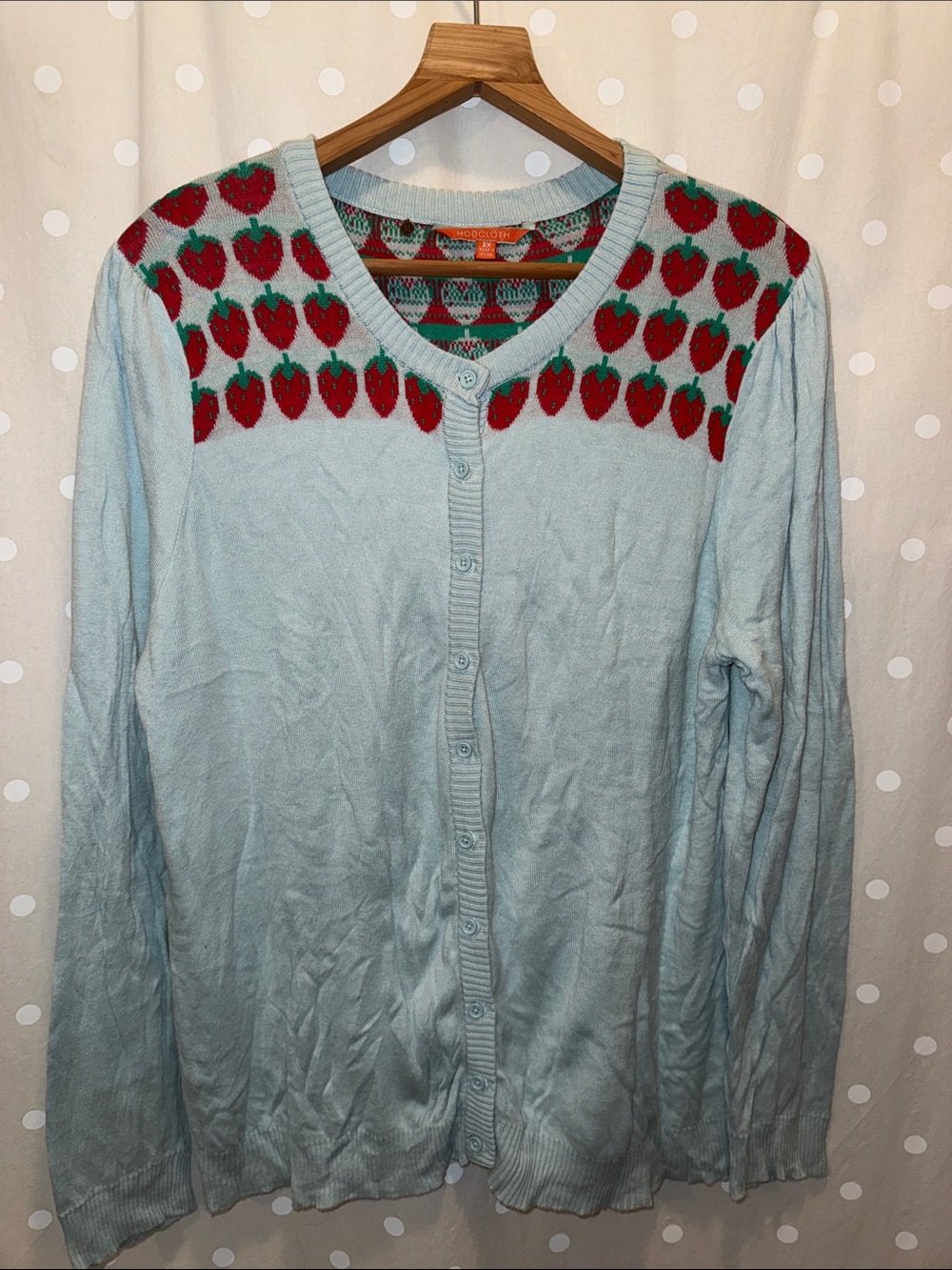 Modcloth Light Blue Cardigan with Red Strawberry Yoke